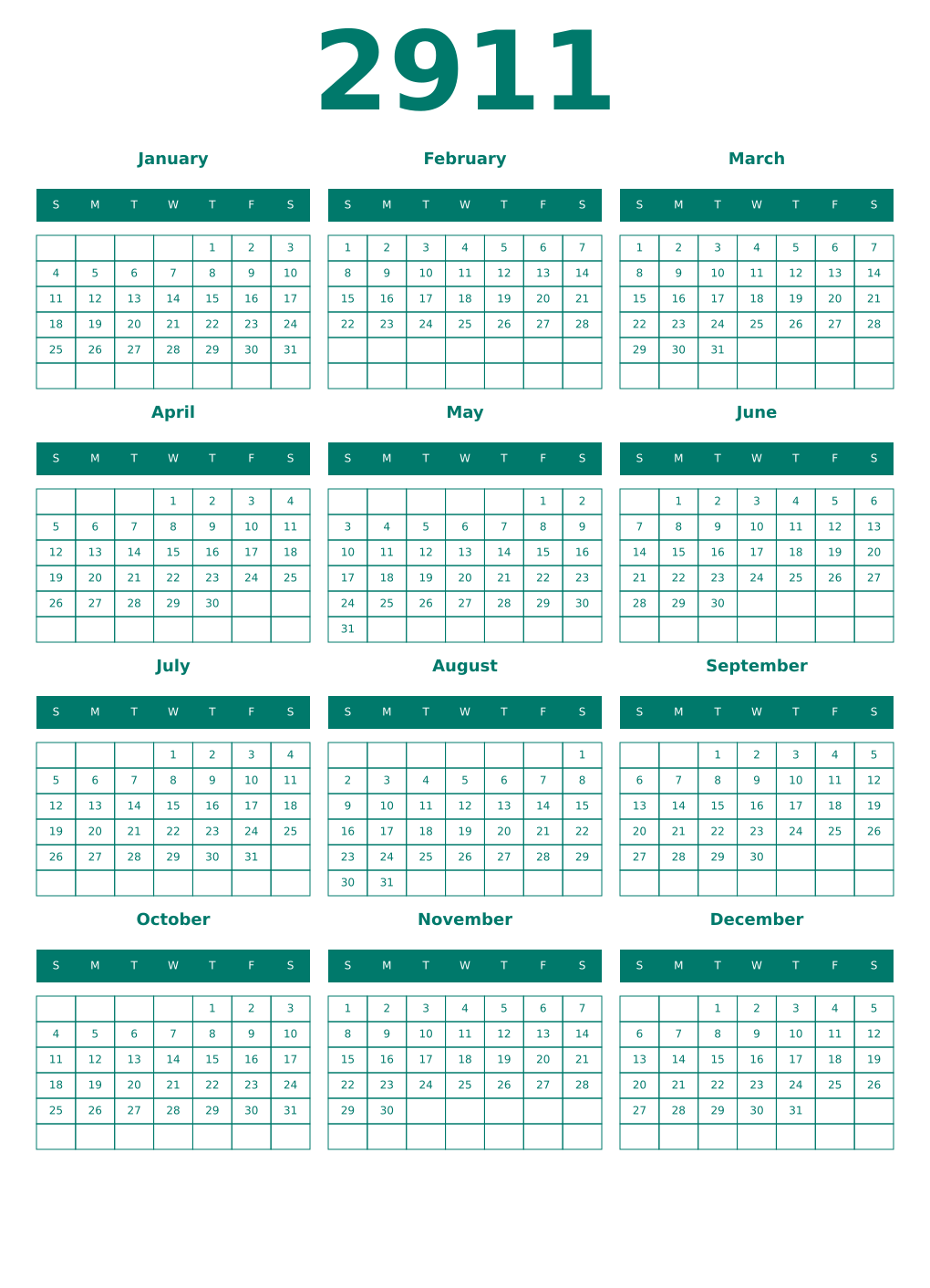 Printable 2911 Year Calendars pastel