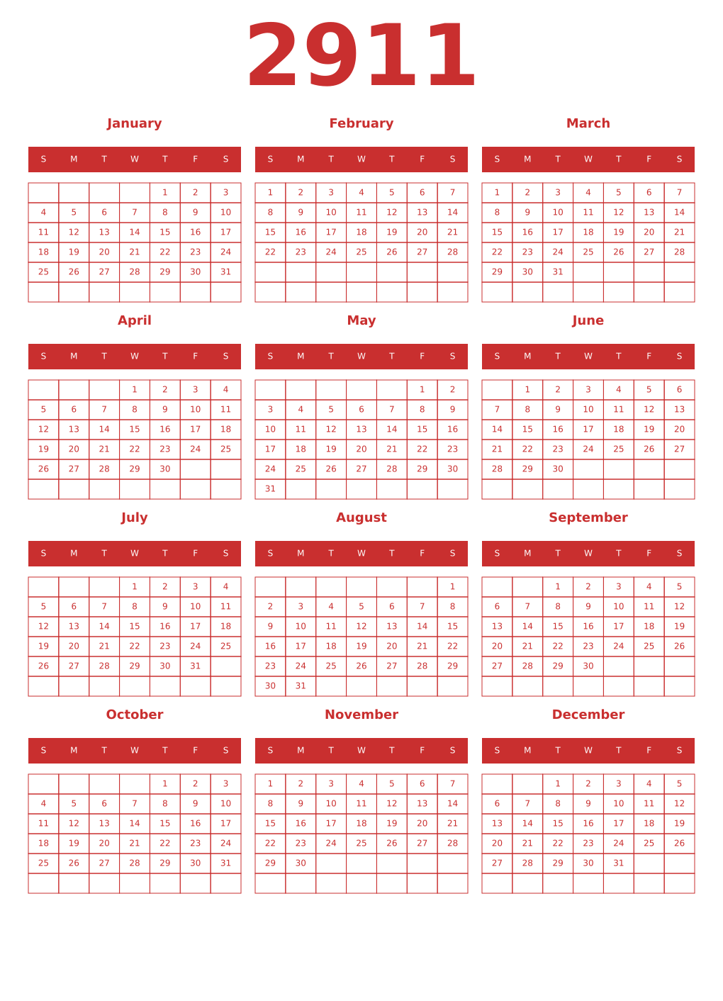 Printable 2911 Year Calendars red