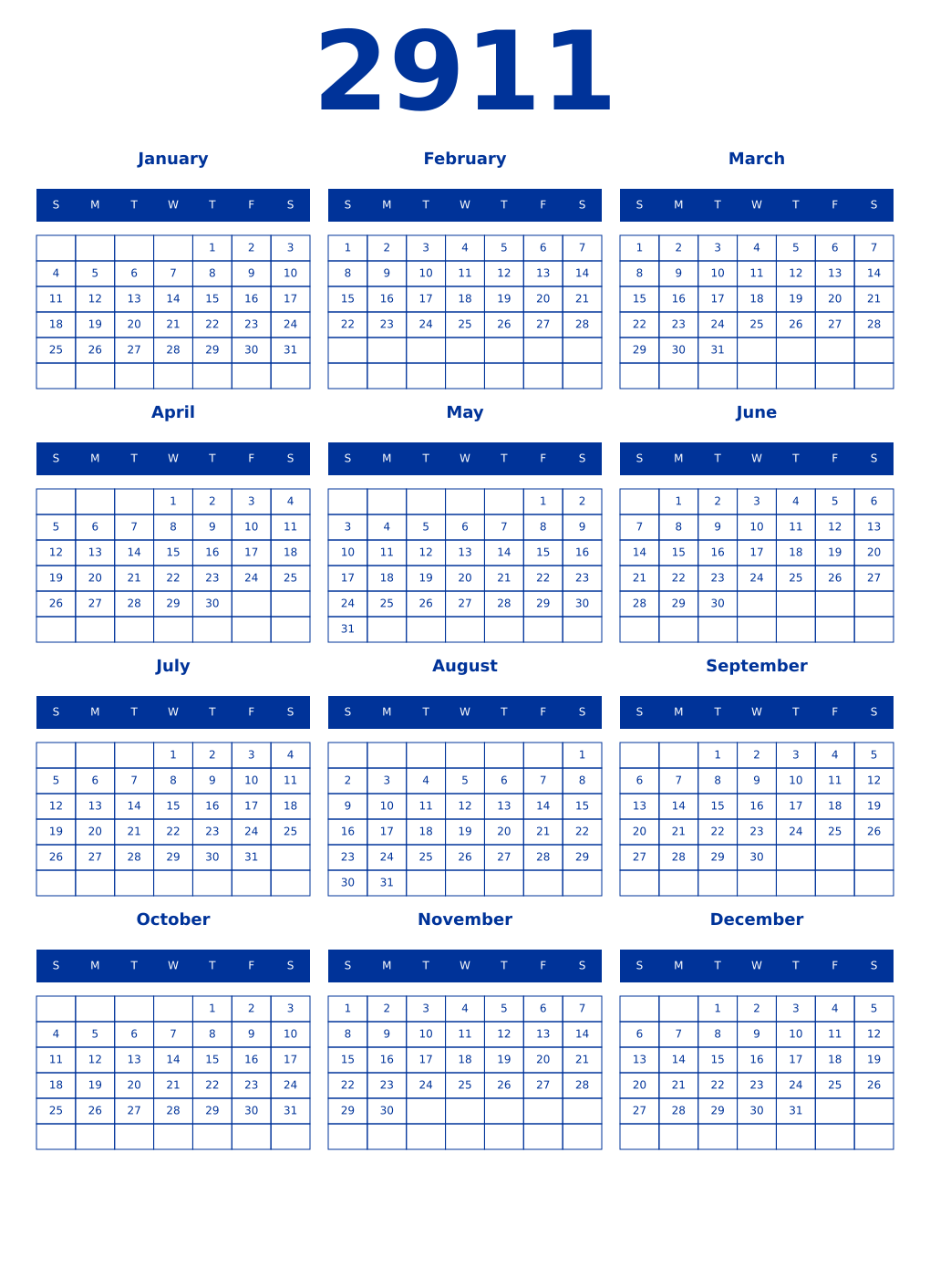 Printable 2911 Year Calendars smalt