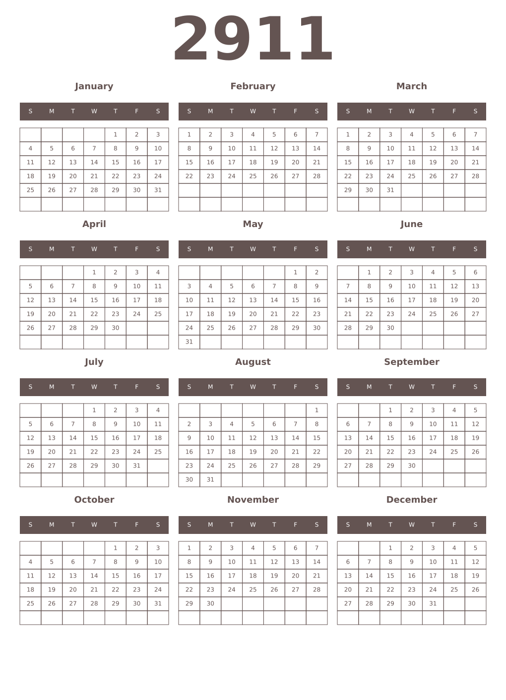 Printable 2911 Year Calendars wenge
