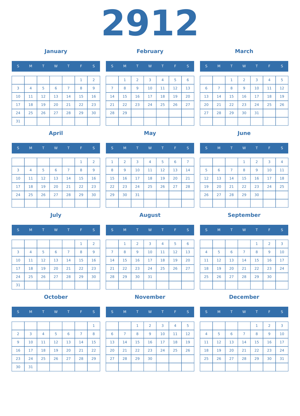 Printable 2912 Year Calendars blue