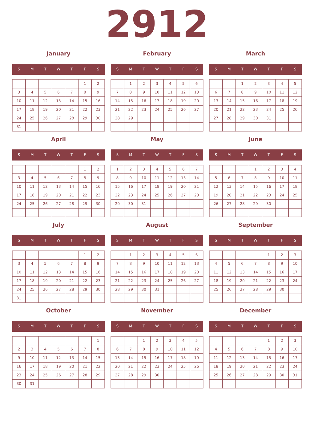 Printable 2912 Year Calendars cordovan