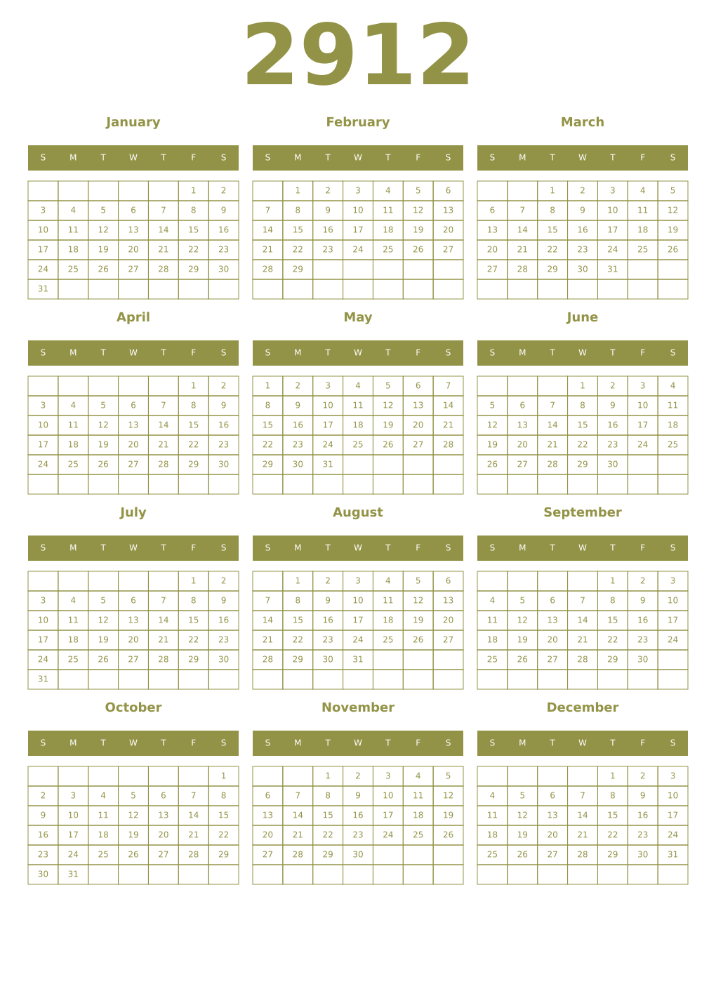 Printable 2912 Year Calendars eburnean