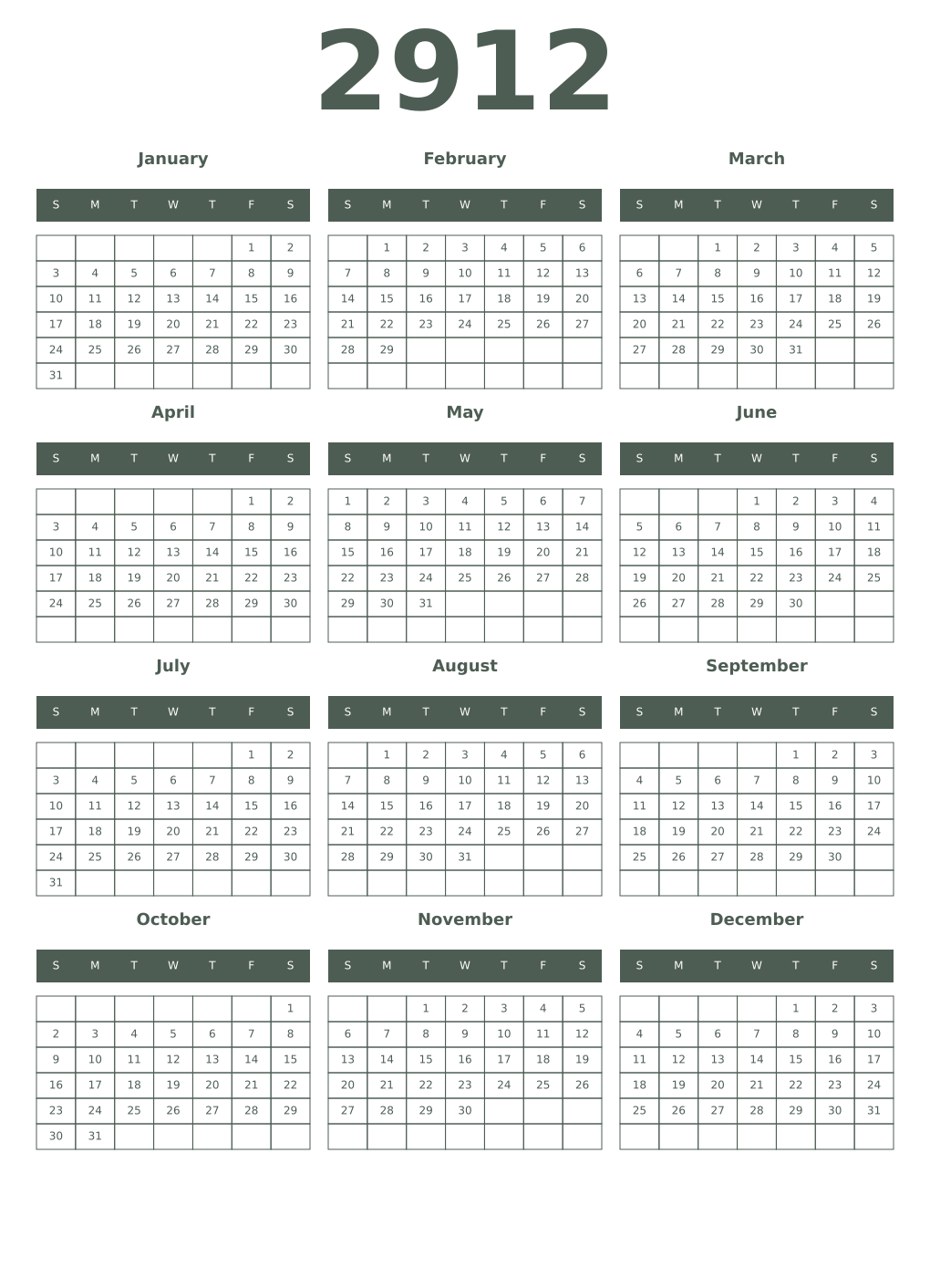 Printable 2912 Year Calendars feldgrau
