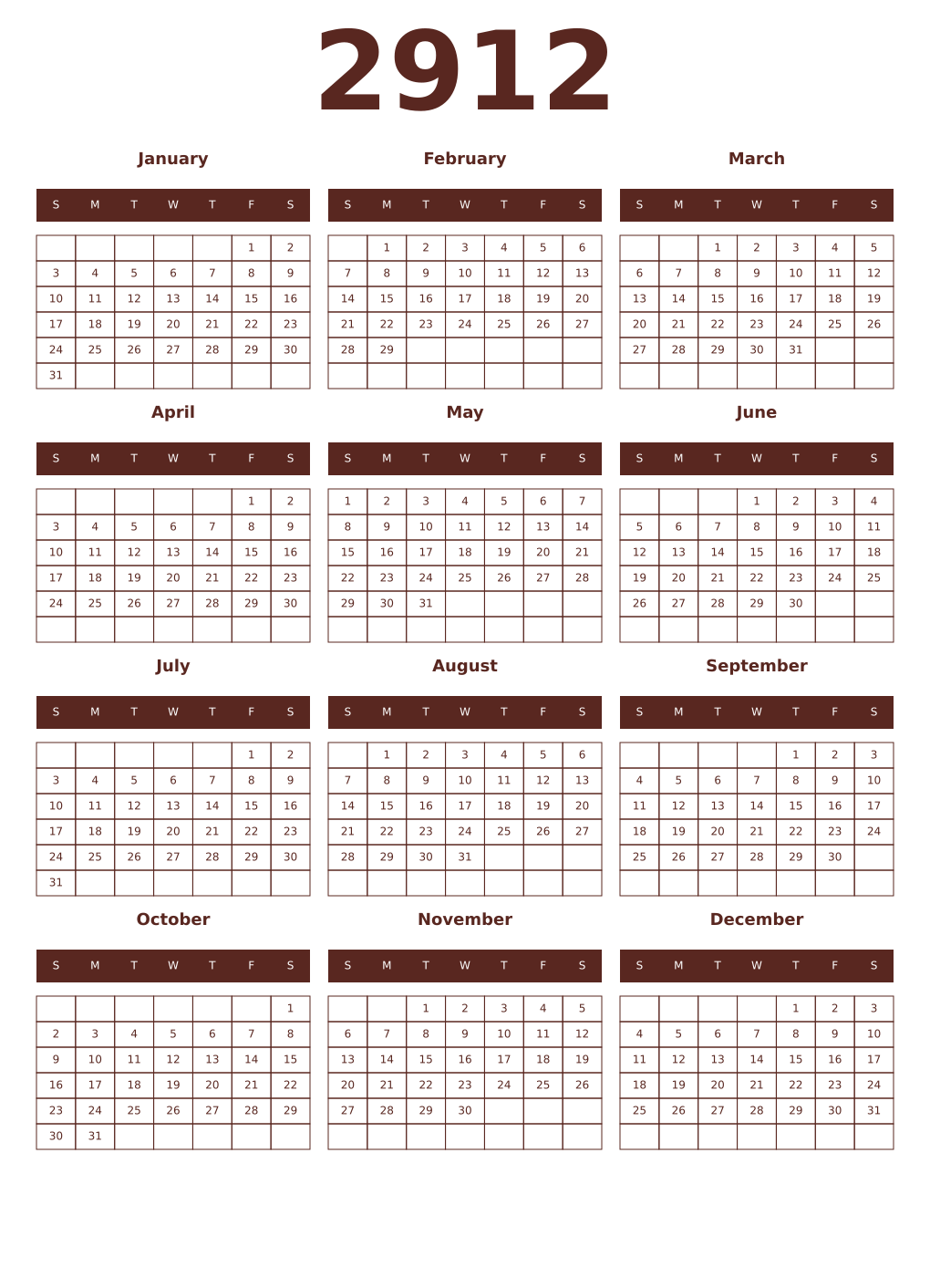 Printable 2912 Year Calendars mortuum