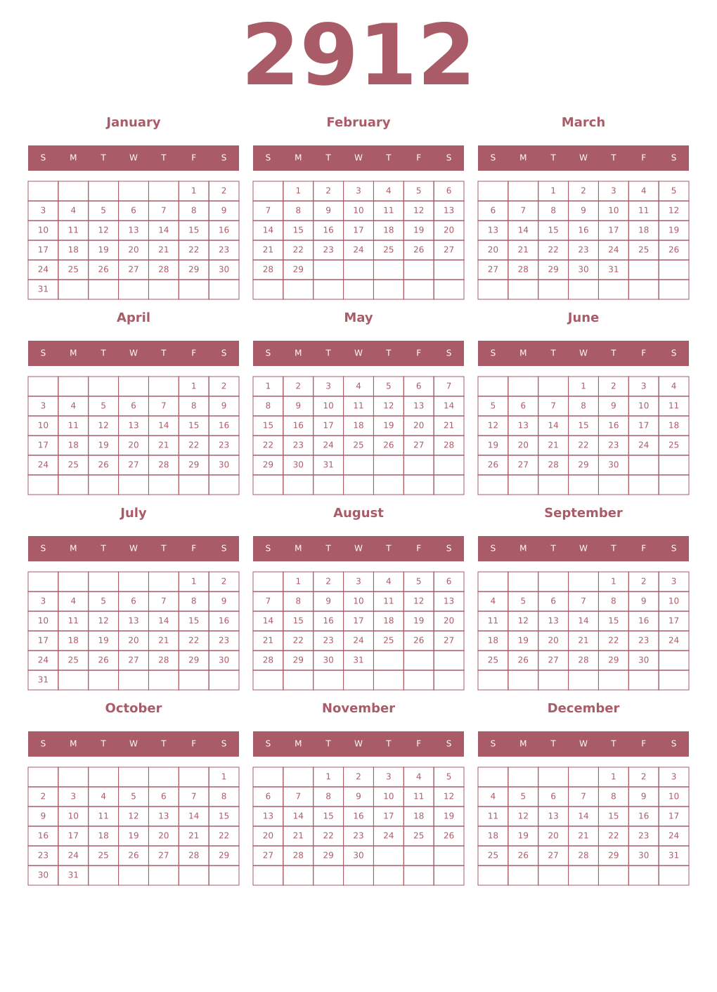 Printable 2912 Year Calendars puce
