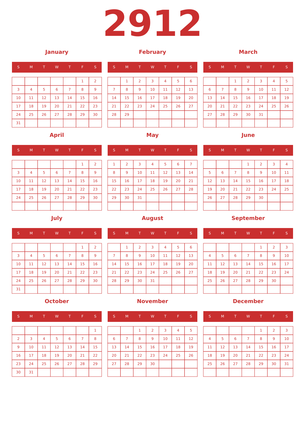Printable 2912 Year Calendars red