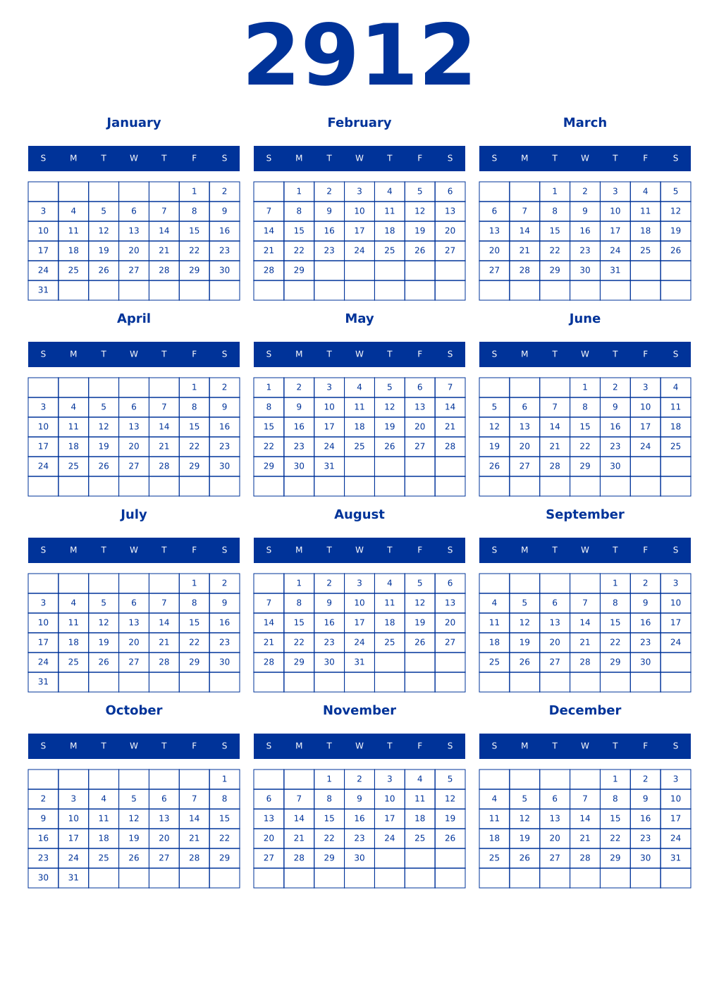 Printable 2912 Year Calendars smalt