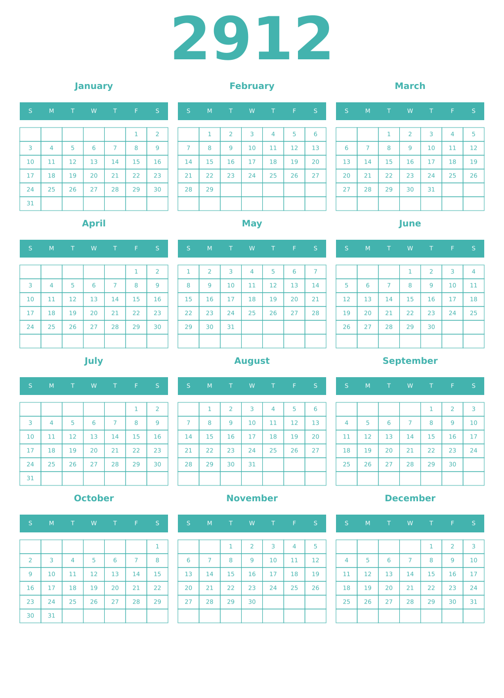 Printable 2912 Year Calendars verdigris