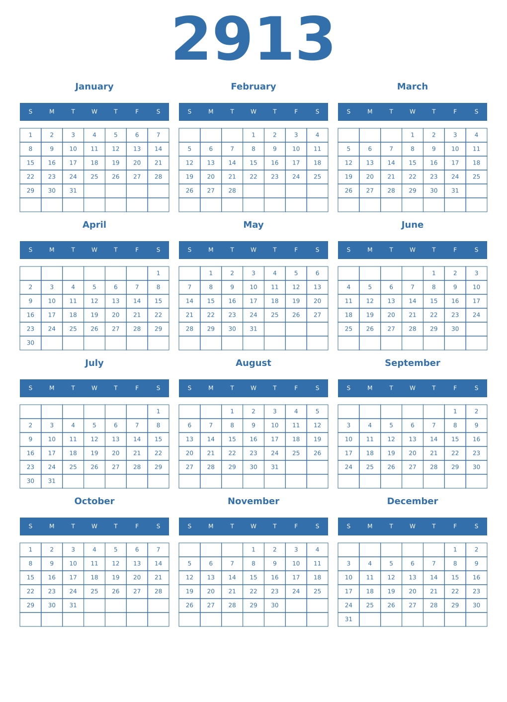 Printable 2913 Year Calendars blue