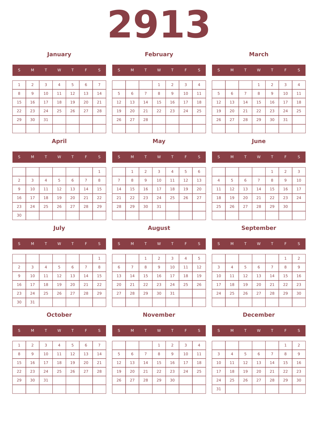 Printable 2913 Year Calendars cordovan