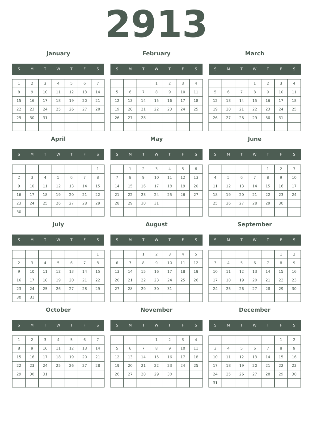 Printable 2913 Year Calendars feldgrau
