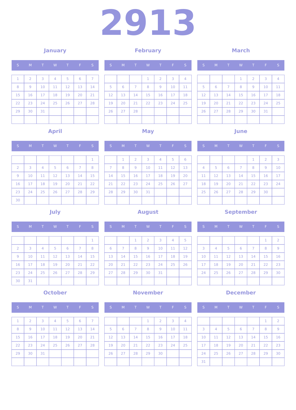 Printable 2913 Year Calendars periwinkle