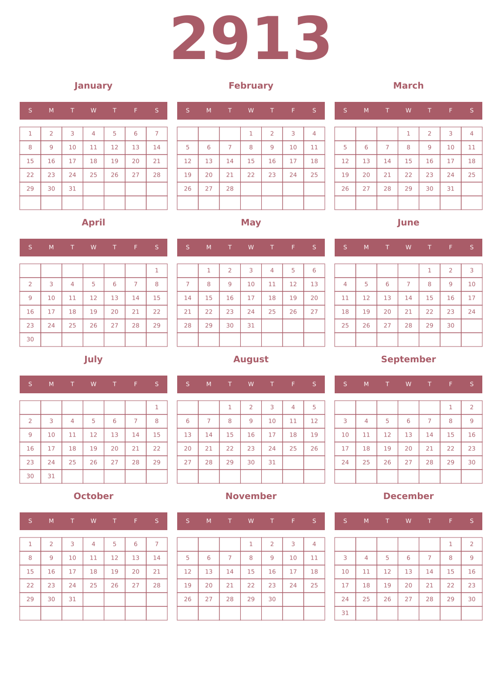 Printable 2913 Year Calendars puce