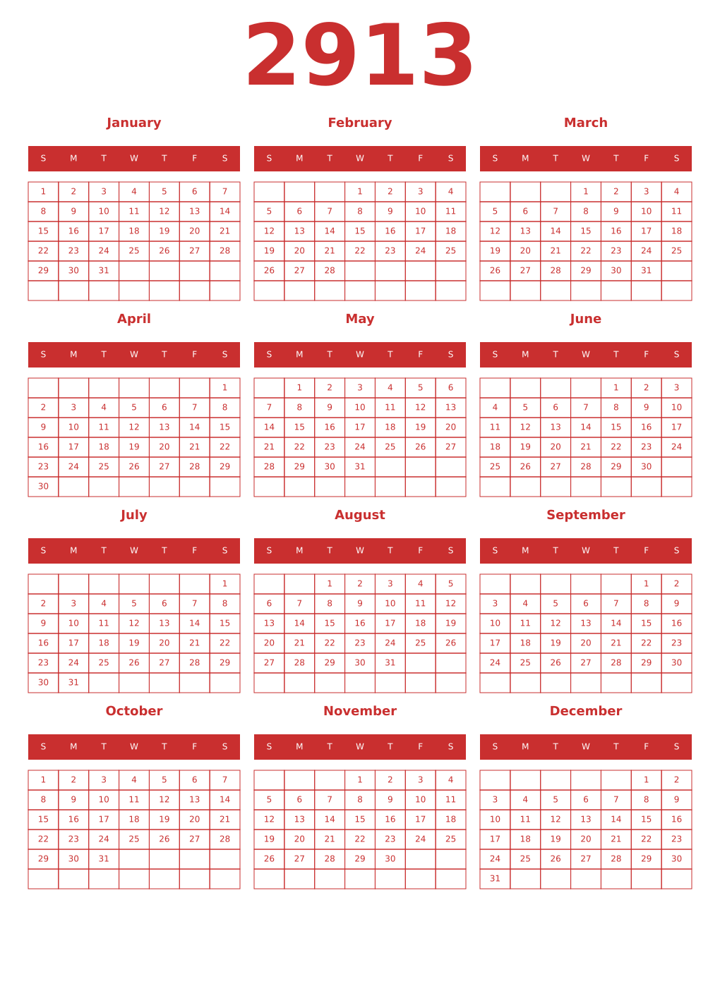 Printable 2913 Year Calendars red