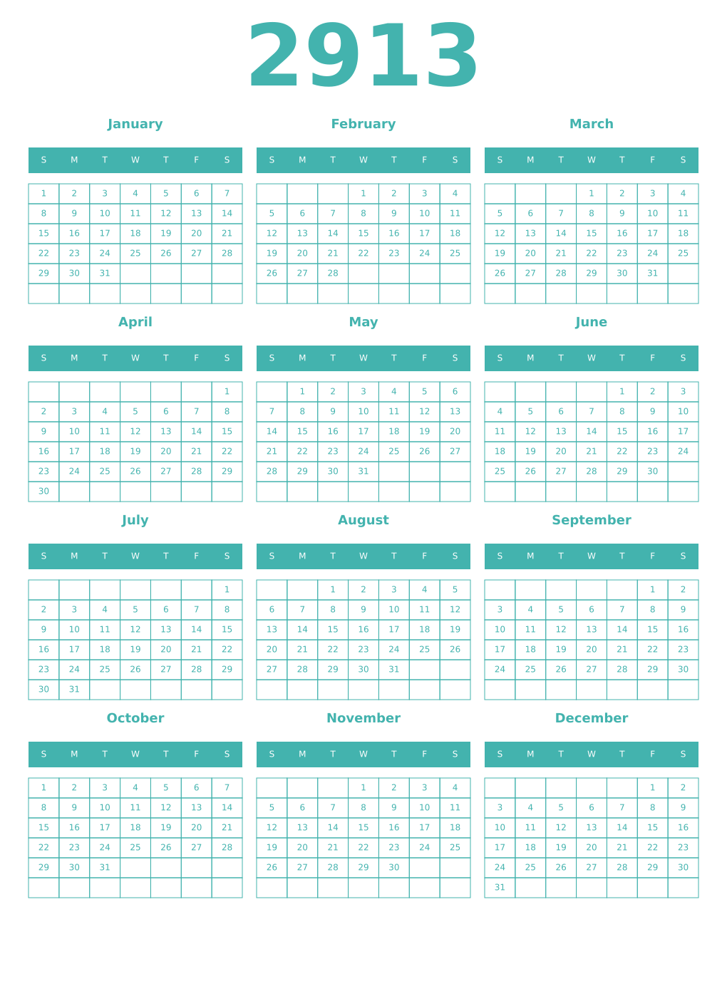 Printable 2913 Year Calendars verdigris