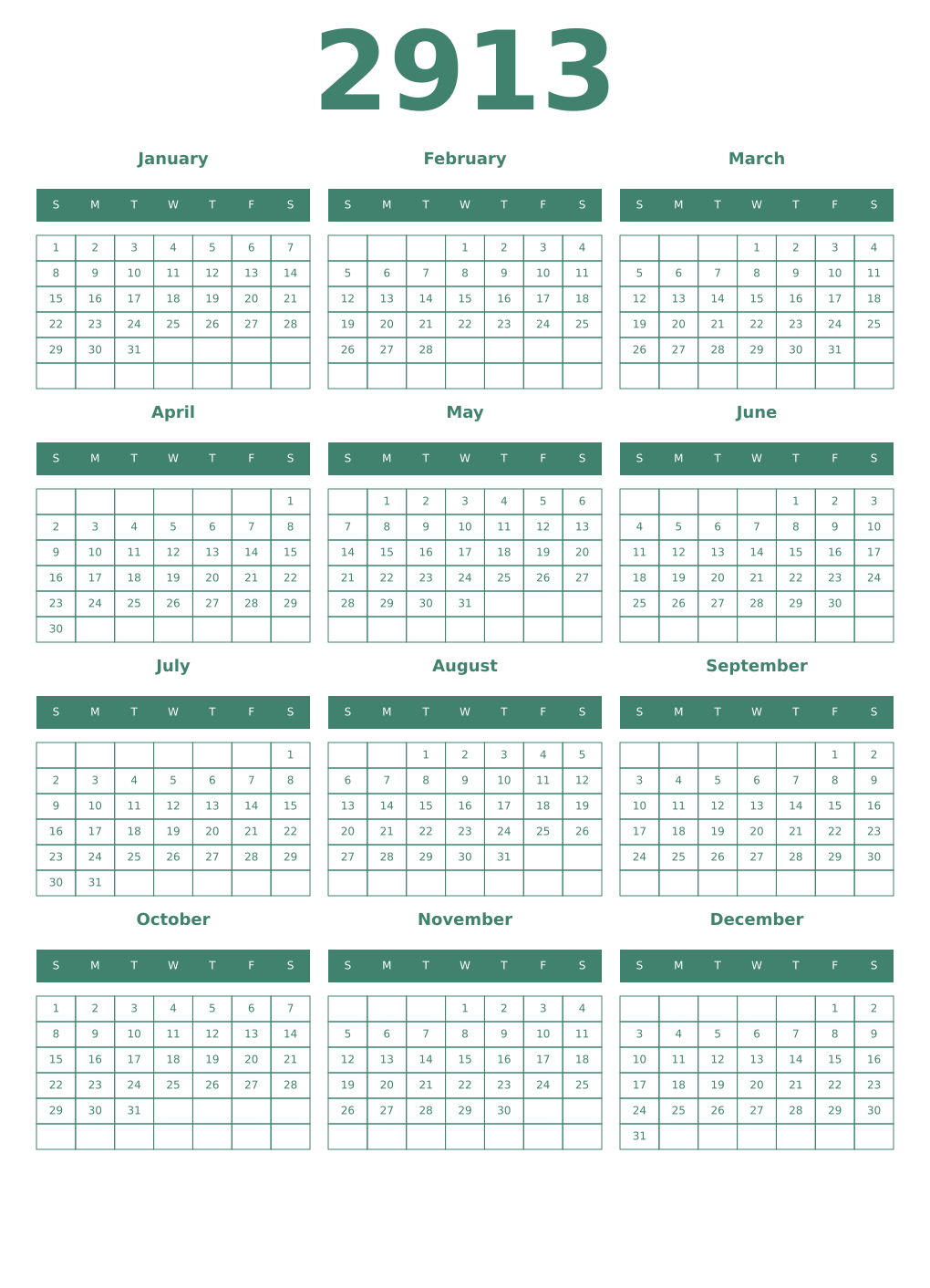 Printable 2913 Year Calendars viridian