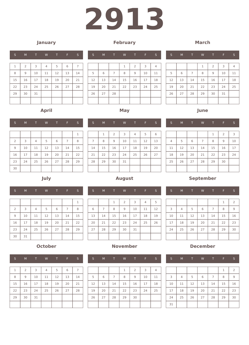 Printable 2913 Year Calendars wenge