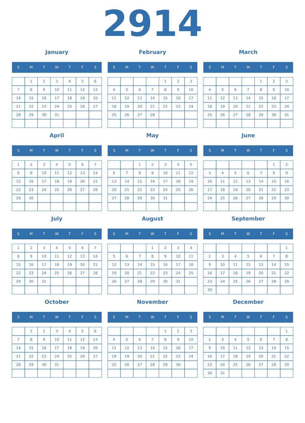 Printable 2914 Year Calendars blue