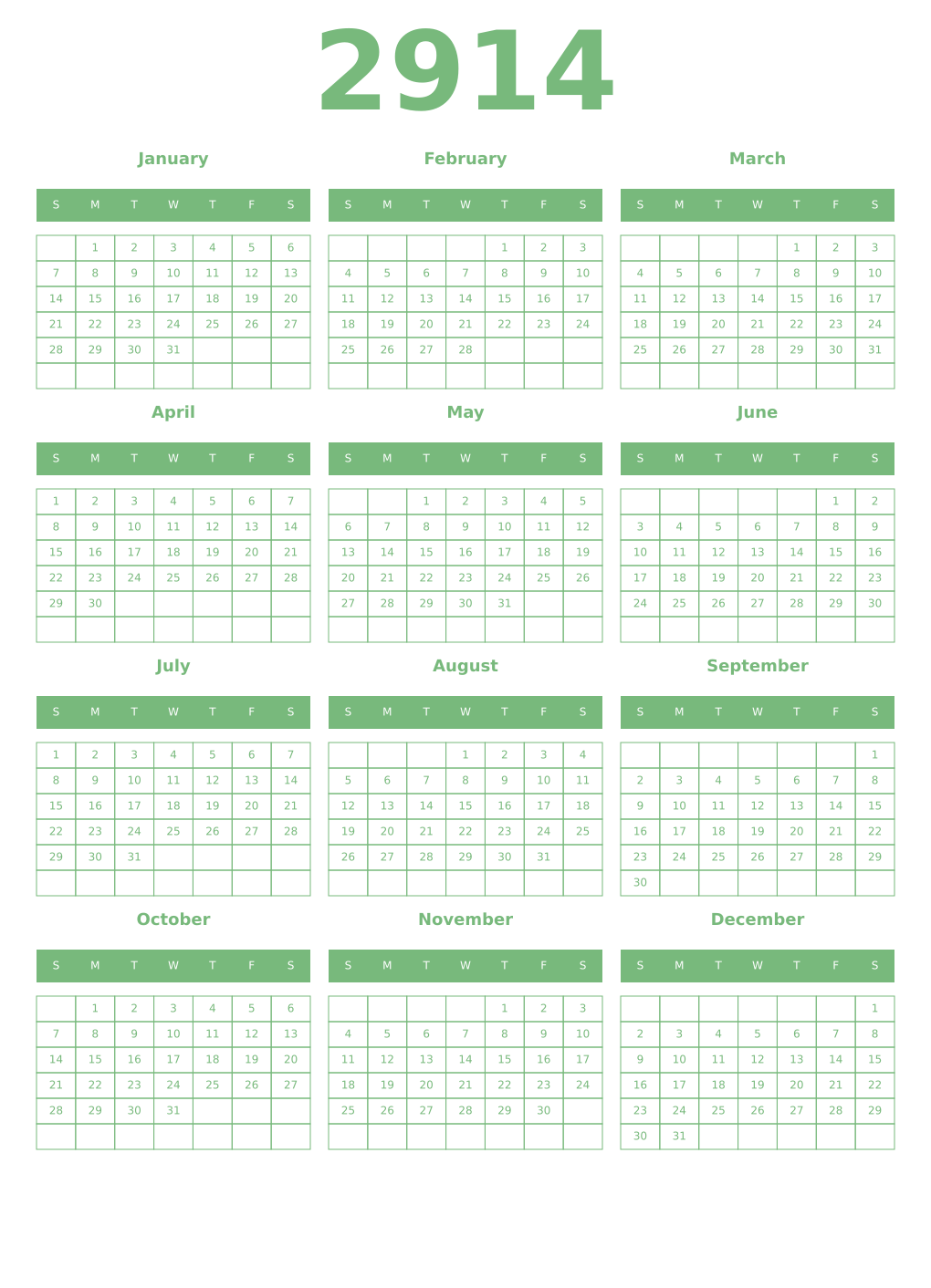 Printable 2914 Year Calendars celadon