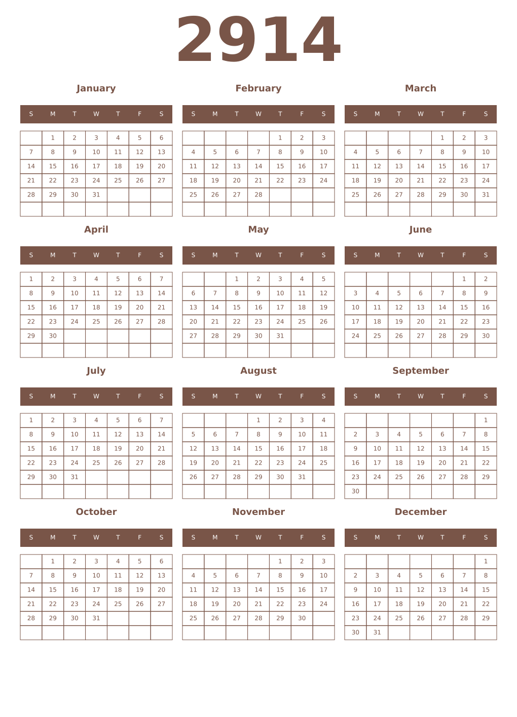 Printable 2914 Year Calendars coffe