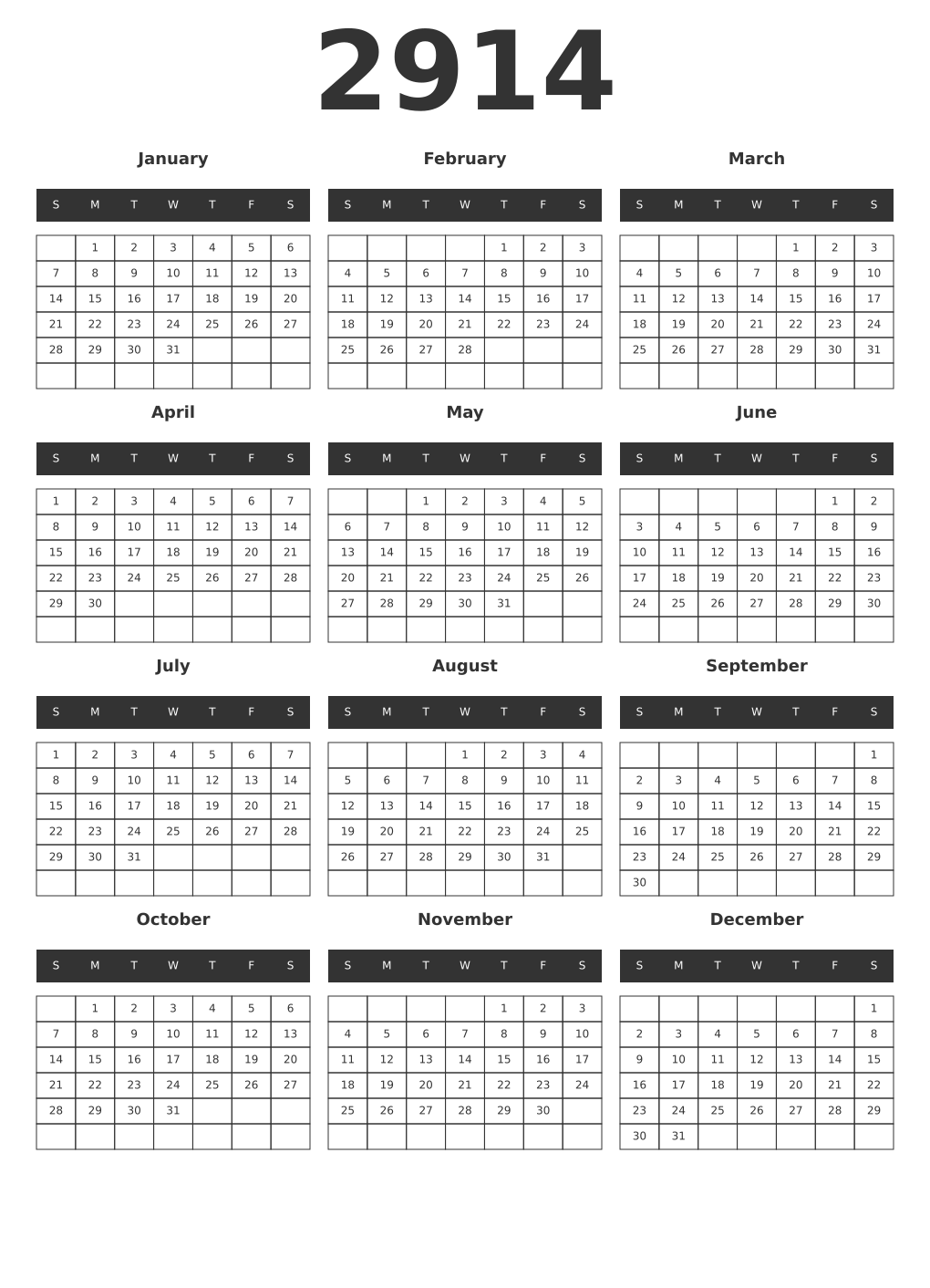 Printable 2914 Year Calendars dark