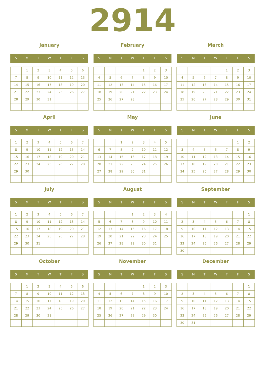 Printable 2914 Year Calendars eburnean