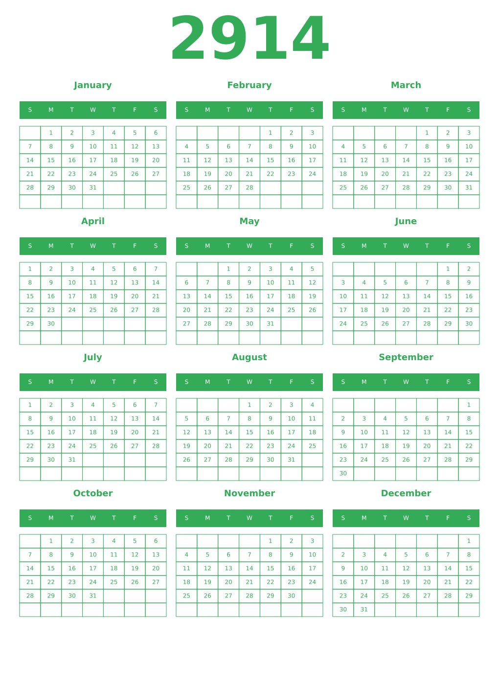Printable 2914 Year Calendars green