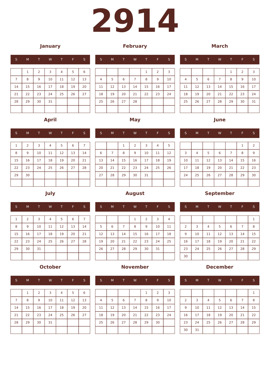 Printable 2914 Year Calendars mortuum