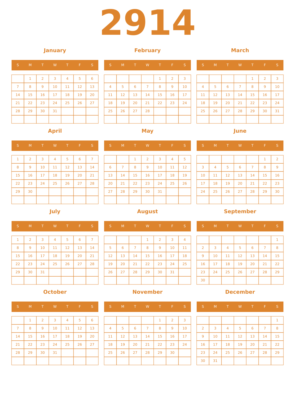 Printable 2914 Year Calendars orange