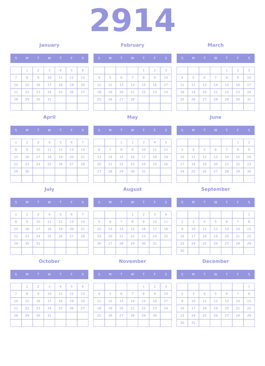 Printable 2914 Year Calendars periwinkle