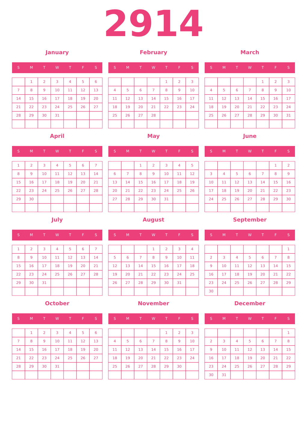Printable 2914 Year Calendars pink