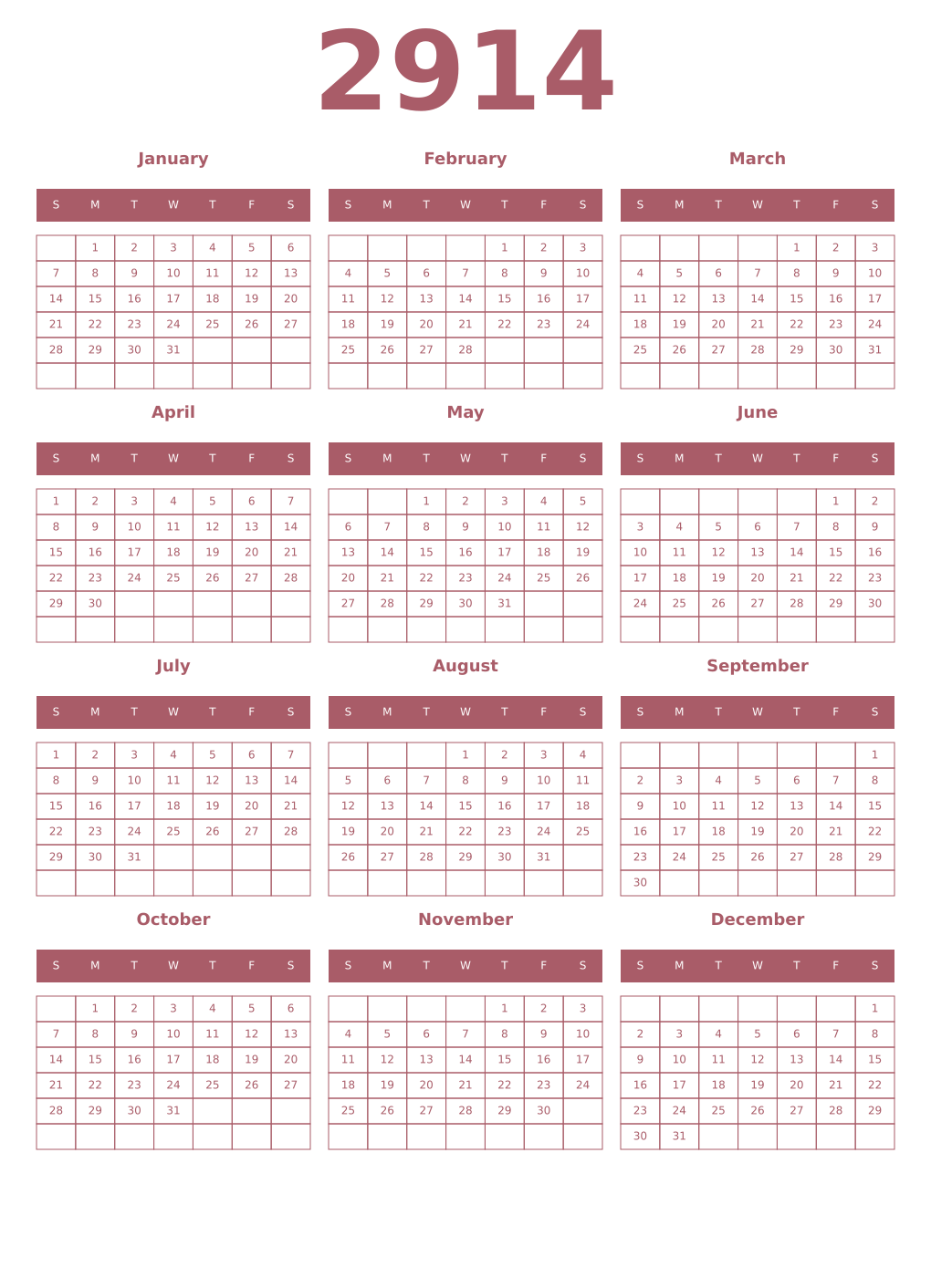 Printable 2914 Year Calendars puce