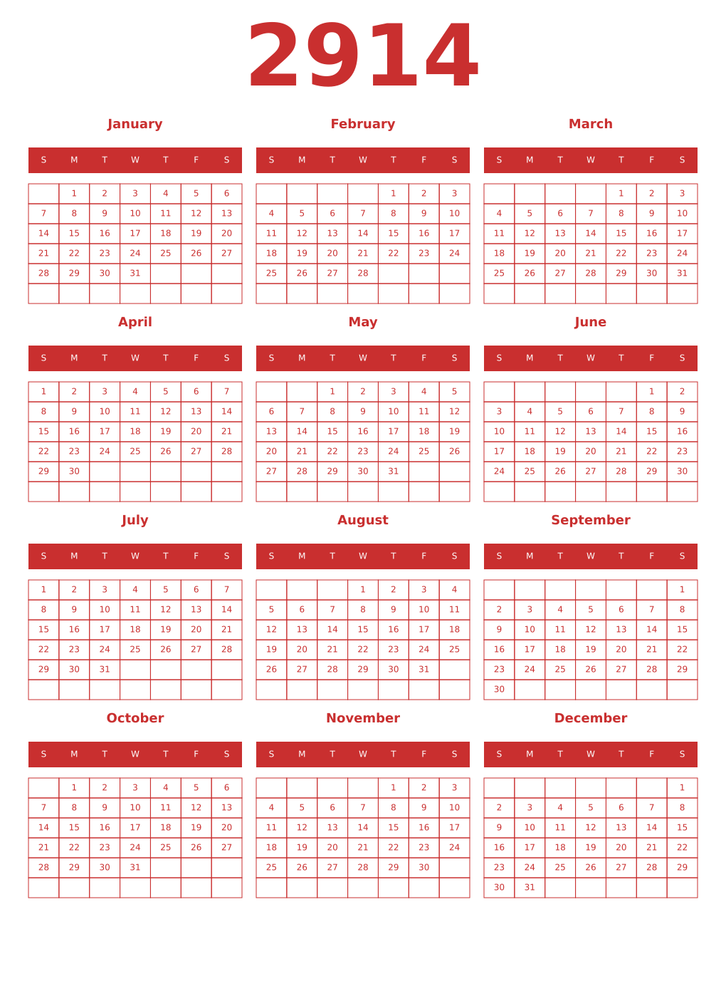 Printable 2914 Year Calendars red