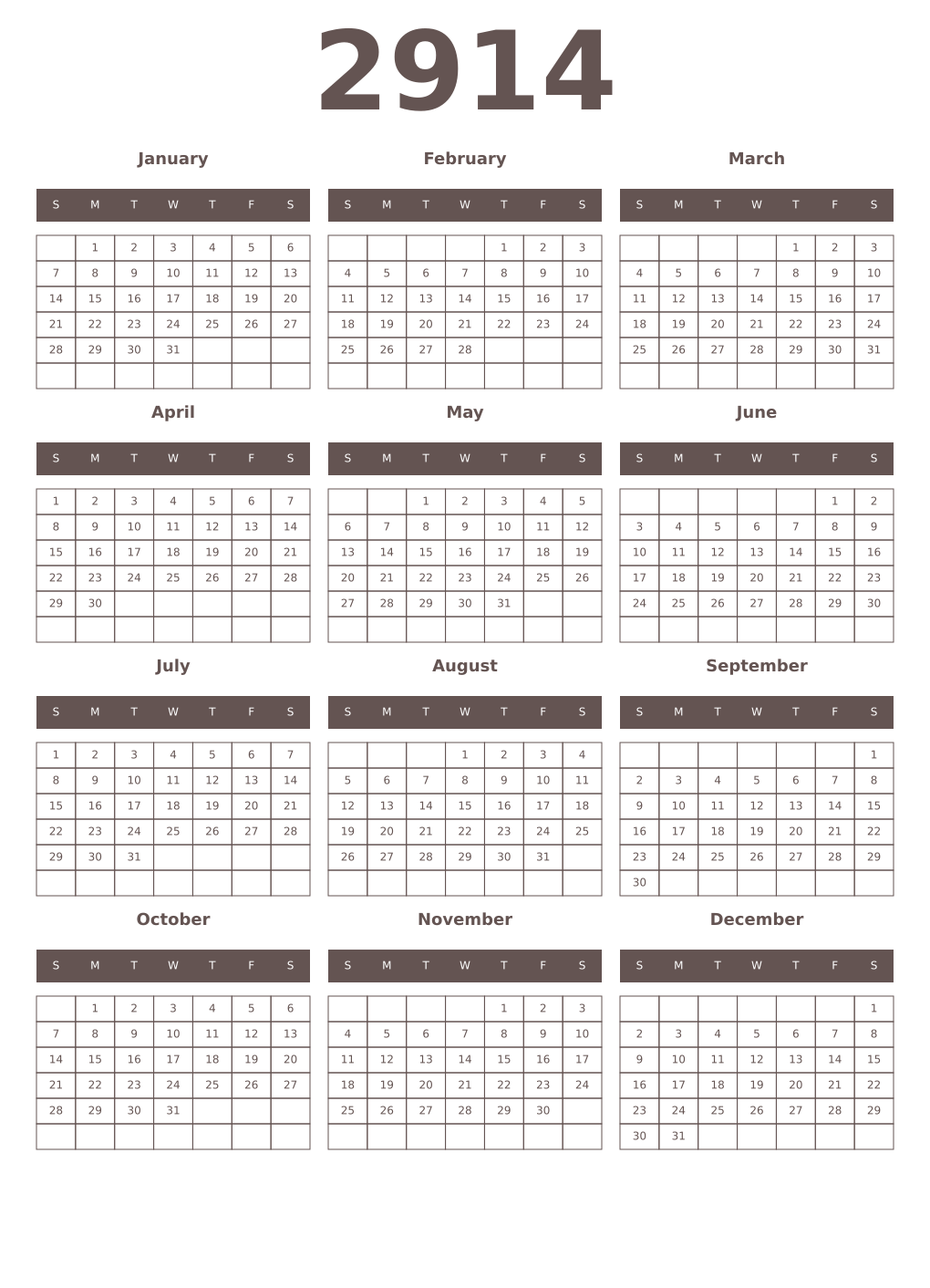 Printable 2914 Year Calendars wenge