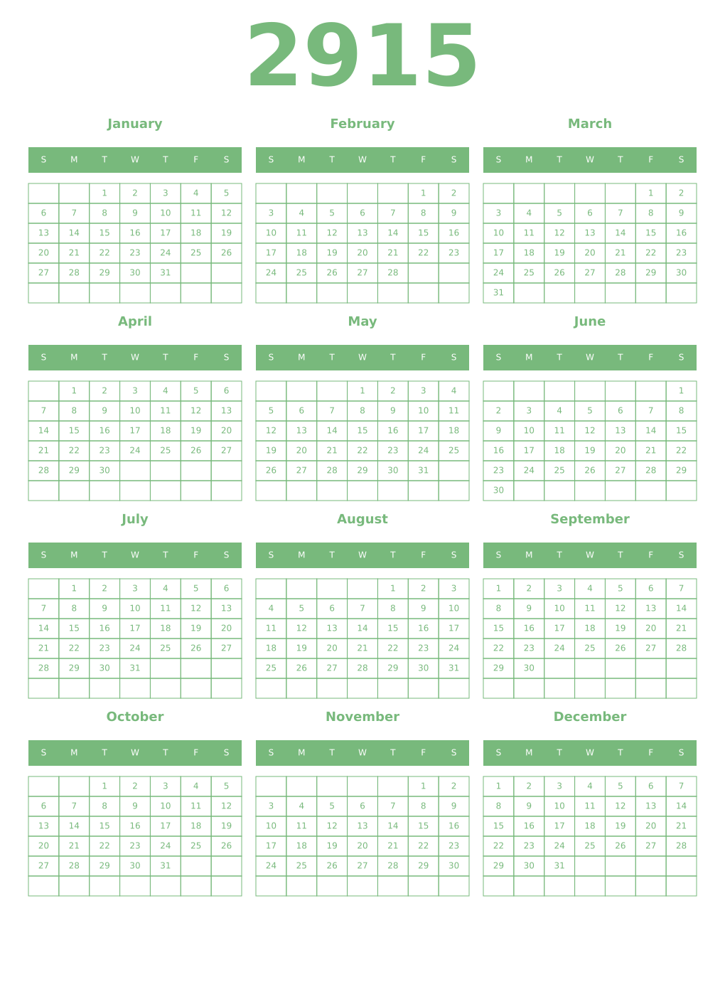 Printable 2915 Year Calendars celadon