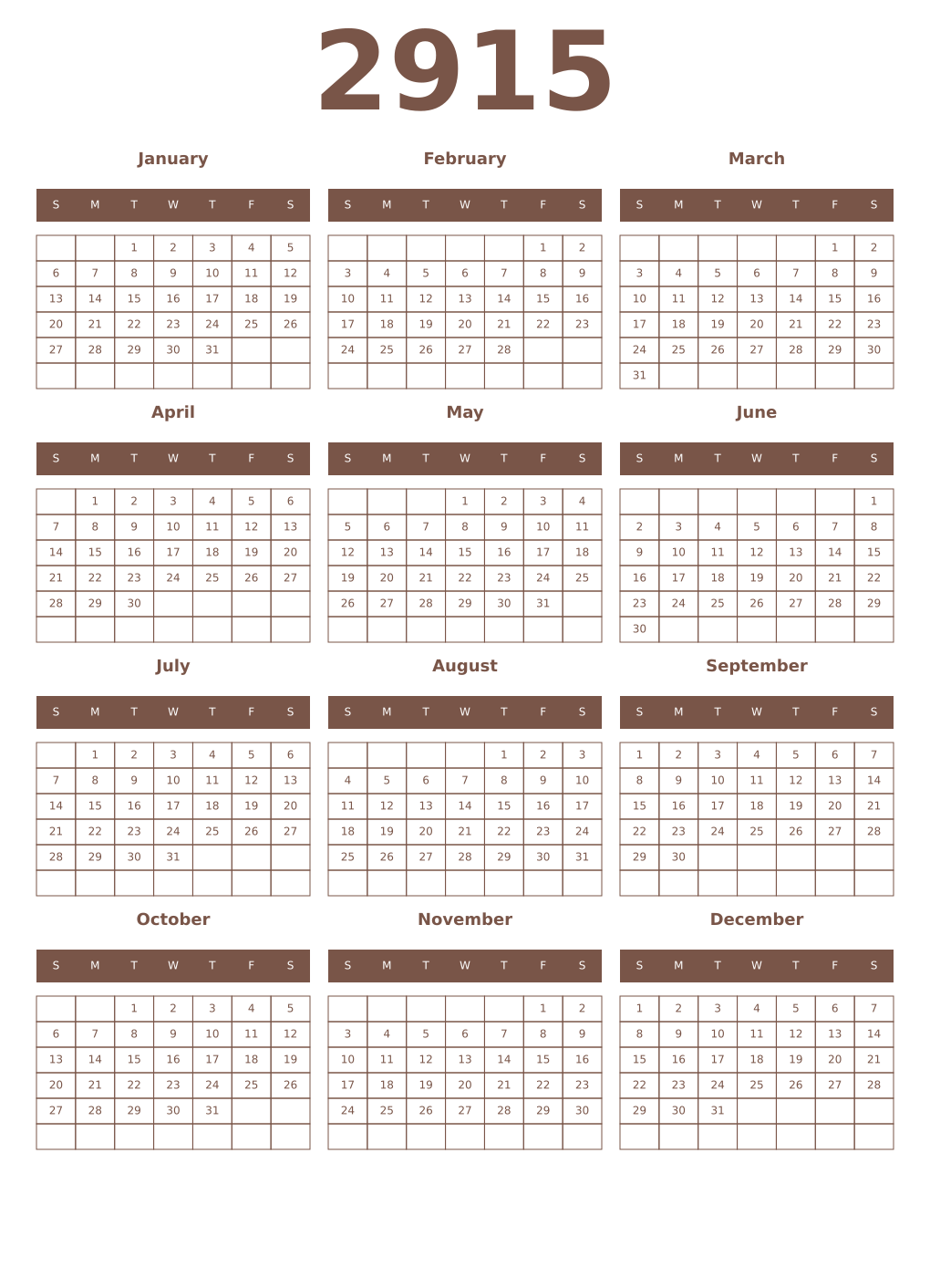 Printable 2915 Year Calendars coffe