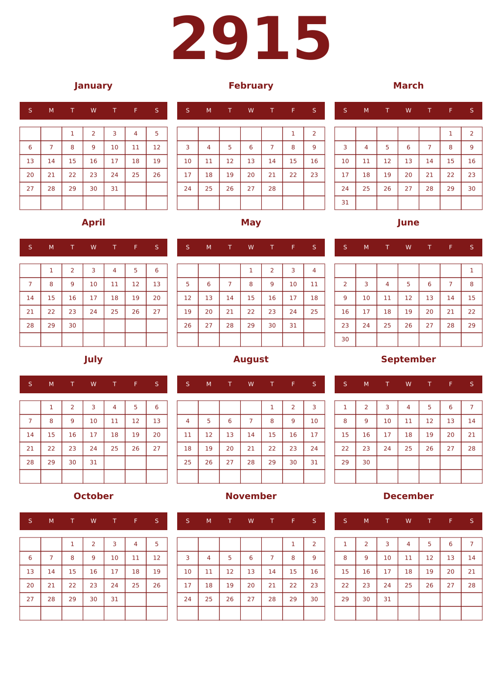 Printable 2915 Year Calendars falu
