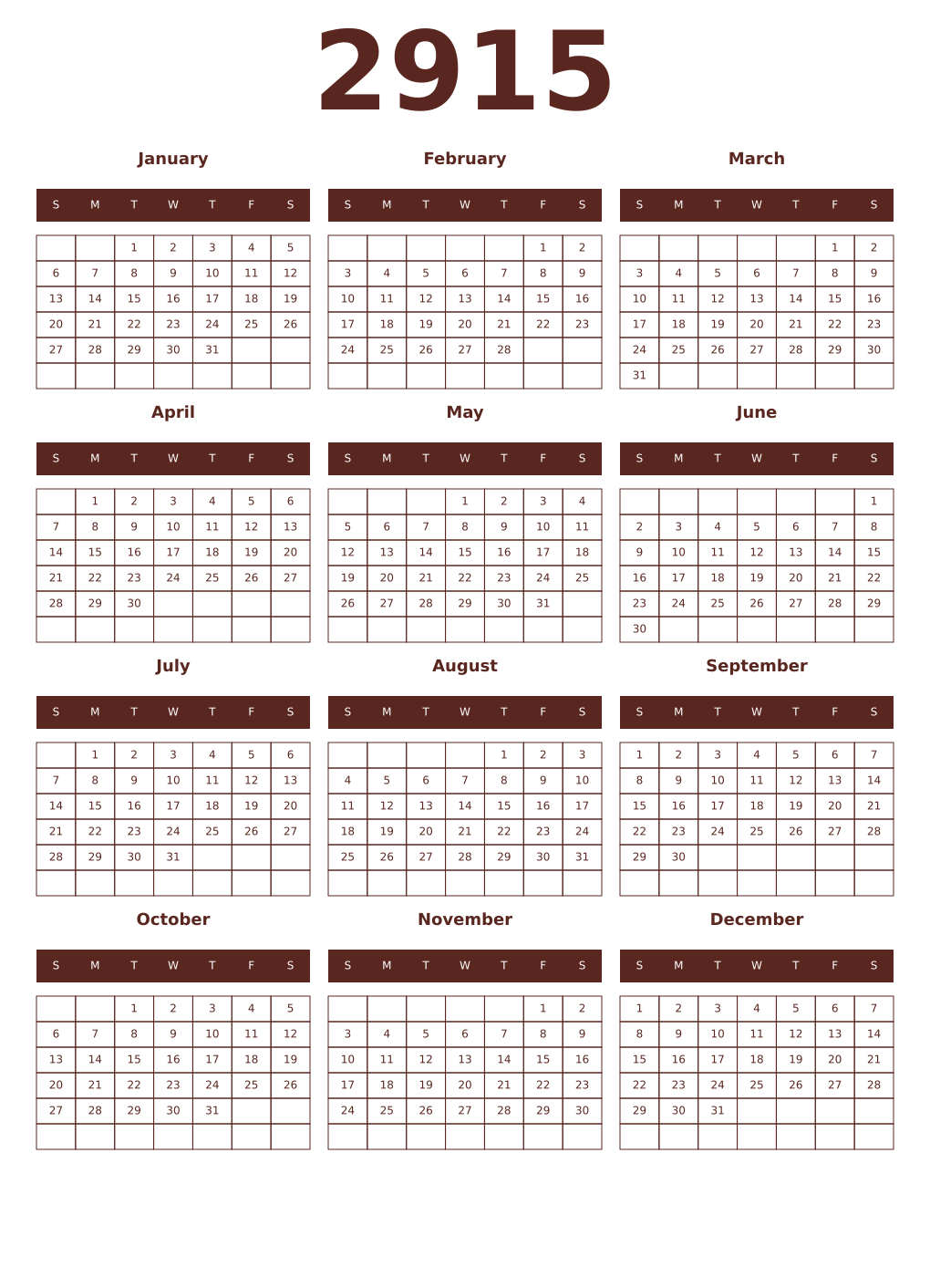 Printable 2915 Year Calendars mortuum