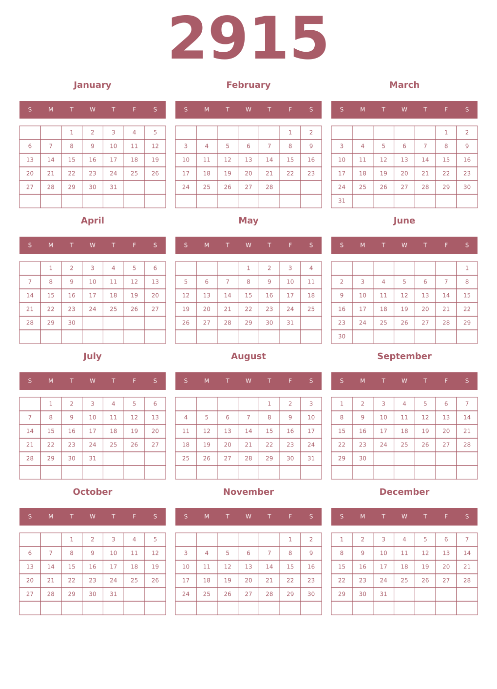 Printable 2915 Year Calendars puce