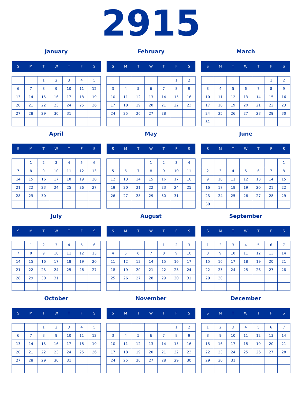 Printable 2915 Year Calendars smalt