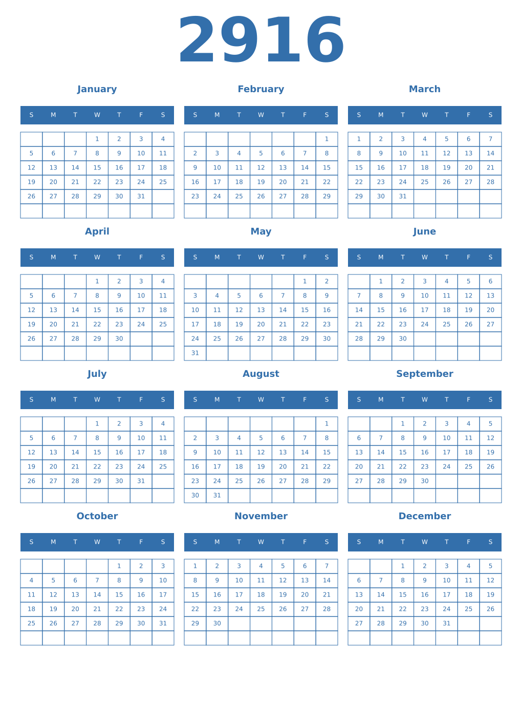 Printable 2916 Year Calendars blue