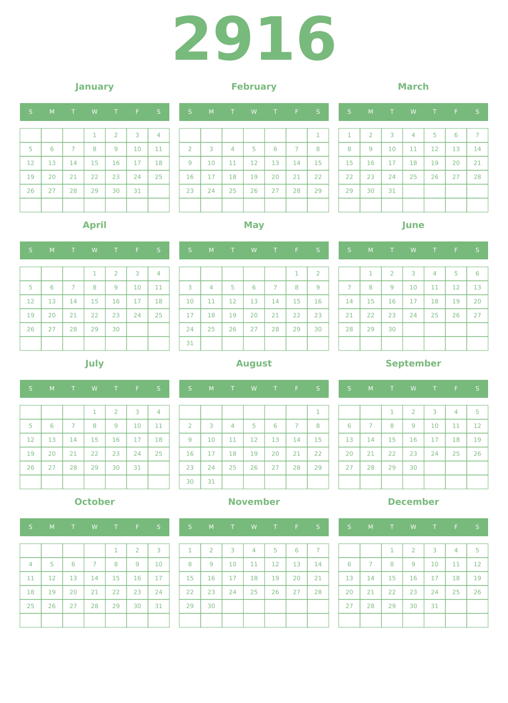 Printable 2916 Year Calendars celadon