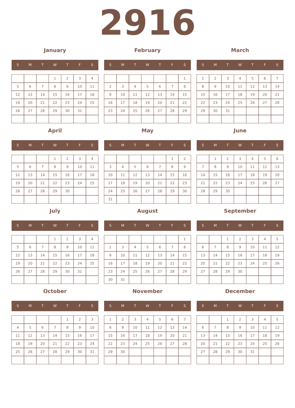 Printable 2916 Year Calendars coffe