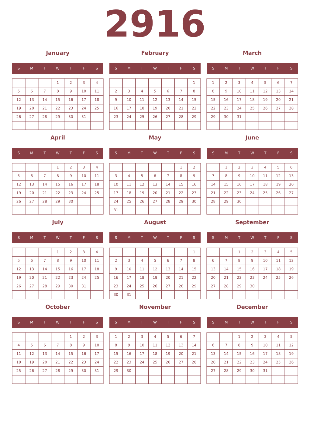 Printable 2916 Year Calendars cordovan