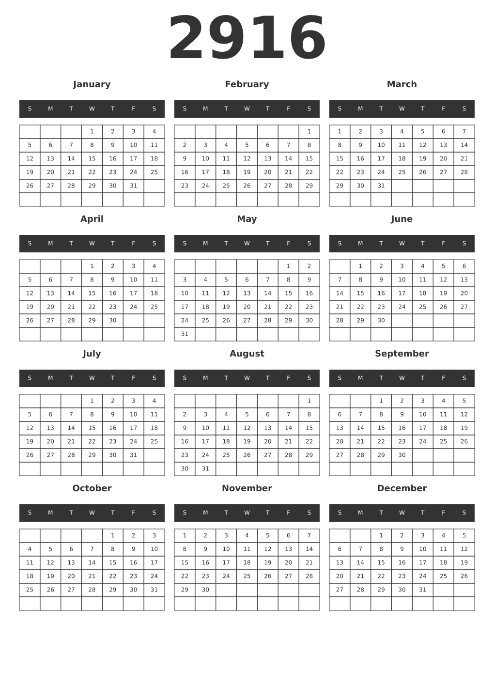 Printable 2916 Year Calendars dark