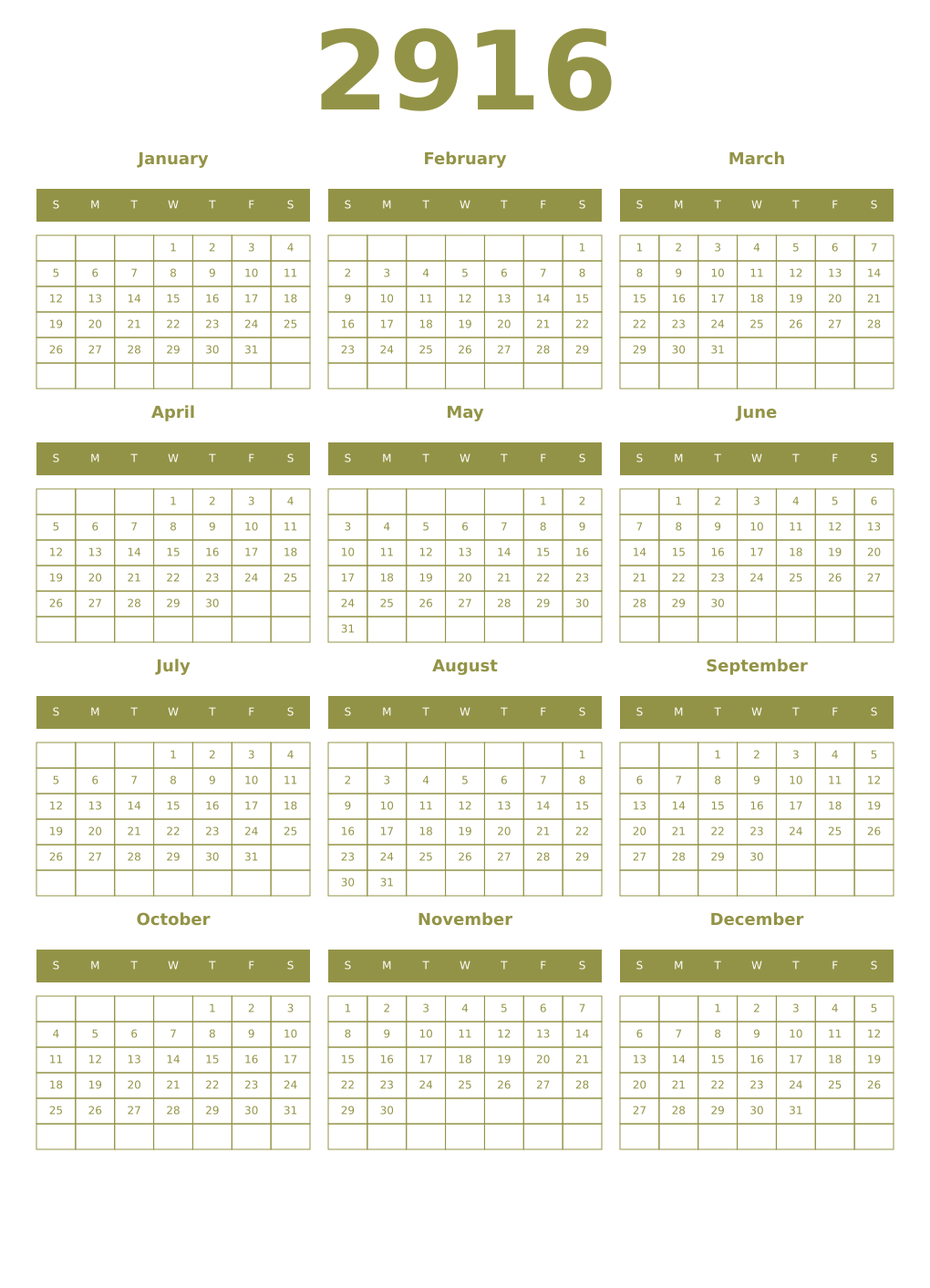 Printable 2916 Year Calendars eburnean