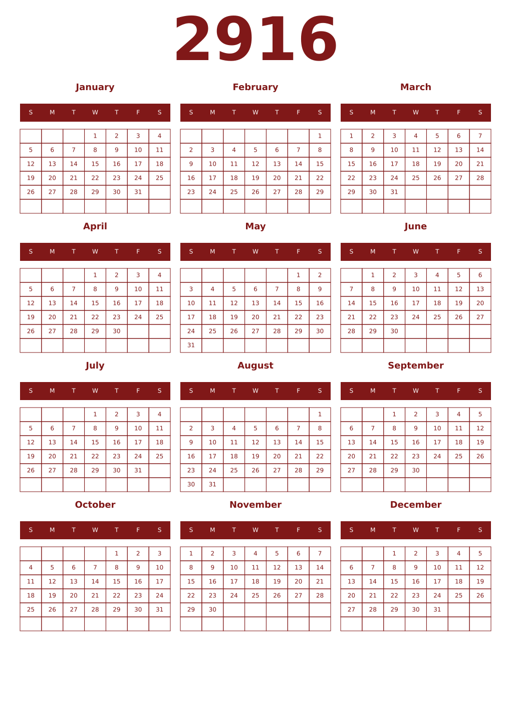 Printable 2916 Year Calendars falu