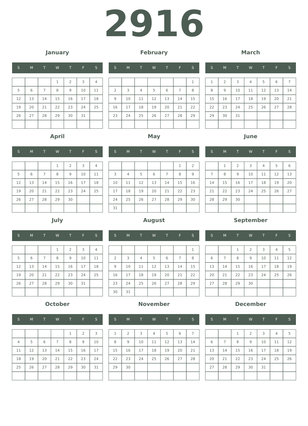 Printable 2916 Year Calendars feldgrau