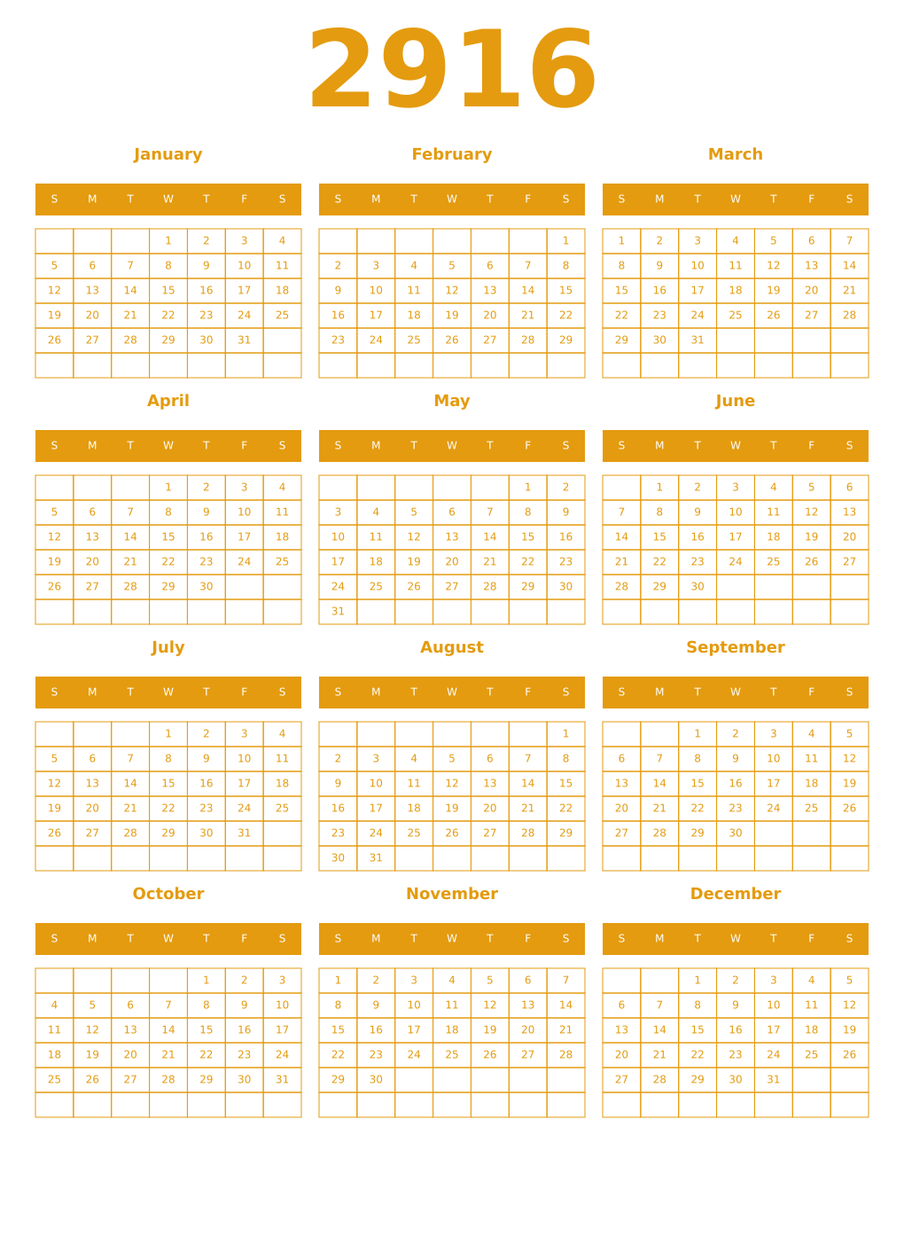 Printable 2916 Year Calendars gamboge